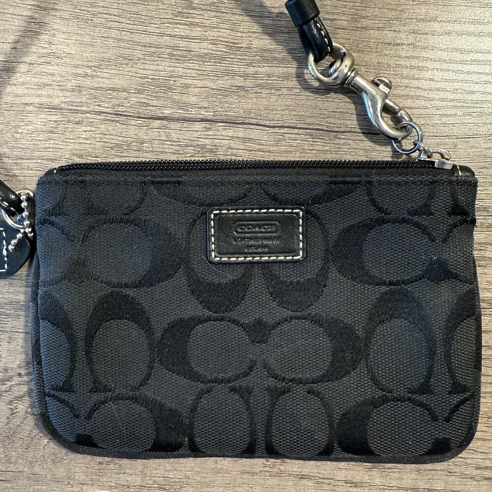 Coach Signature C Monogram Wristlet Pouch Black Canvas Leather Trim - Picture 2 of 5